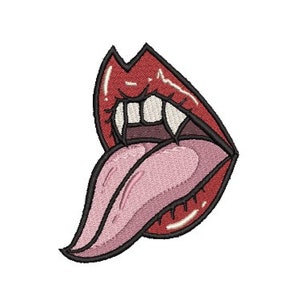 May include: Red lips with sharp teeth and a pink tongue sticking out. The lips are open wide, showing the teeth and tongue.