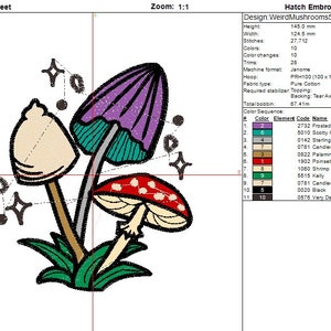 Magical mushroom cluster embroidery file in a fantasy fairy garden. Cute mushrooms from a magical garden. Full embroider file information sheet with colours and trims.