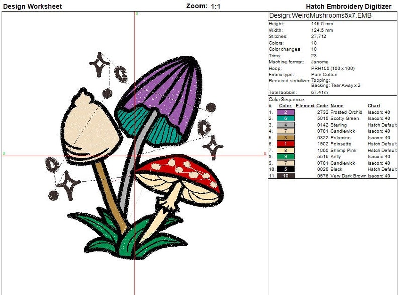 Magical mushroom cluster embroidery file in a fantasy fairy garden. Cute mushrooms from a magical garden. Full embroider file information sheet with colours and trims.