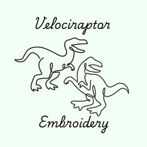 May include: Line art illustration of two velociraptors, one standing on top of the other. The text "Velociraptor Embroidery" is below the image.