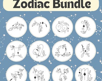 Zodiac Calendar, Zodiac Horoscope Symbols, 12 File Bundle Set, Zodiac Astrology Signs, Redwork Embroidery,  Hand Digitized, Instant Download