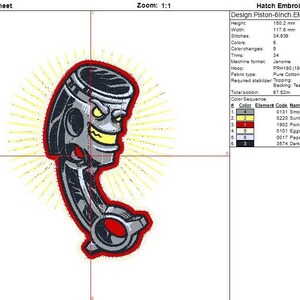 Piston engine part embroidery file. Cool mechanic design. Embroidery information worksheet showing colours and details.