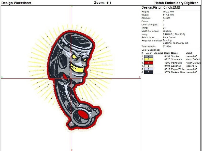 Piston engine part embroidery file. Cool mechanic design. Embroidery information worksheet showing colours and details.