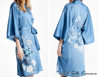 100% Seide Kimono für Frauen / Seidenrobe Nachthemd / mittellange Seide Nachtwäsche / reine Seide handgemachte lange Robe / Geschenk für sie