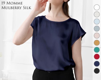 Women'S Mulberry Silk T-Shirt Women'S Round-Neck Loose Short Sleeves/ /19 Momme Mulberry Silk Blouse For Women/Office Wear /Summer Top