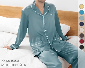 22 Momme Conjunto de pijamas de seda de morera de lujo para hombre, ropa de dormir de seda de grado 6A, pijamas de seda de morera 100%, regalo perfecto para hombres