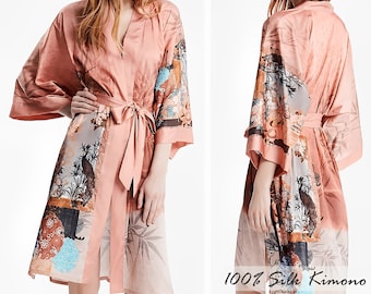 100% Seide Kimono für Frauen / Maulbeerseide Nachtwäsche / reine Seide handgemachte lange Robe / Geschenk für sie