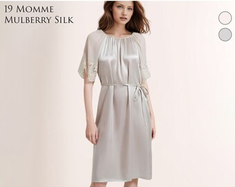 19 Momme Women'S Silk Pajamas, Silk Georgette Splicing Mulberry Silk Nightgown For Women, Lace Cuffs Tie Waist Pullover Homewear