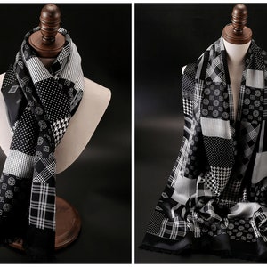 Men's Luxurious Mulberry Silk Brushed Scarf 14''X69'',Thick Double-Layer Double-Sided Silk Brushed Scarf, The Perfect Gift For Him Black and white