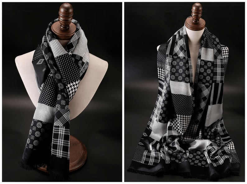 Men's Luxurious Mulberry Silk Brushed Scarf 14''X69'',Thick Double-Layer Double-Sided Silk Brushed Scarf, The Perfect Gift For Him Black and white