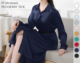 100% Silk Shirt Dress Woman, 19mm Mulberry Silk Shirtdress, 6A Grade Mulberry Silk Dresses Long Sleeve, New Arrivals