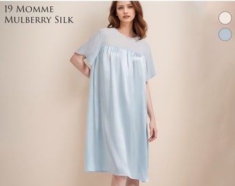 100% Mulberry Silk Women'S Pajamas, Silk Georgette Splicing Round Neck Silk Nightgown, Elegant Ladies' Homewear