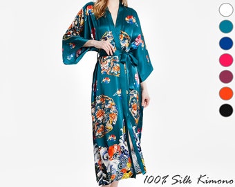 100% Seta Abito lungo Donna/Seta di gelso Kimono Sleepwear/Seta Sleepwear/Pura seta fatta a mano Abito lungo/Regalo per lei/Mezza lunghezza