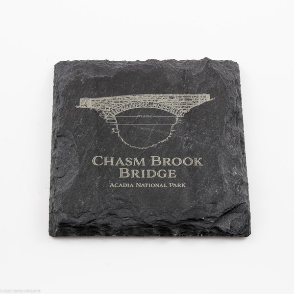 Chasm Brook Bridge Acadia National Park Slate Coaster - 4 inch slate coaster laser engraved with a drawing of a carriage road bridge