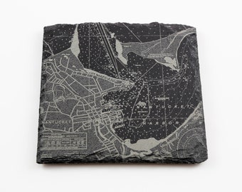 Nantucket Harbor Nautical Chart Coaster - four inch slate coaster laser engraved with the NOAA chart for Nantucket Harbor