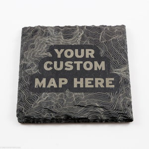 Custom Topographic Map Laser Engraved Slate Coaster - a great unique and personalized gift for a housewarming, wedding, or any occasion