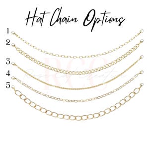 Hat Chain Options: Option 1 is a small gold chain with rectangle links, Option 2 is a slightly larger medium gold chain with round links, Option 3 is a tight gold chain, Option 4 is a small gold chain with oval links, and Options 5 is a large gold chain with round links.