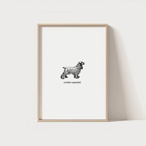 Puede incluir: Un dibujo en blanco y negro de un cocker spaniel. La imagen está enmarcada en un marco marrón claro y tiene el texto "cocker spaniel." debajo de la imagen.