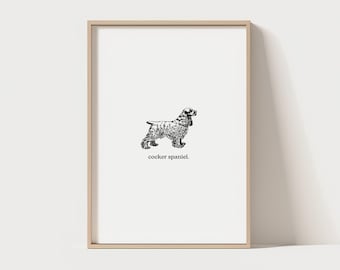 Vintage Dog Wall Decor | Minimalist Cocker Spaniel Portrait | Decor for Living Room Nursery Entryway | Black and White Pet Portrait