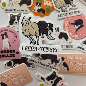 May include: A set of colorful stickers featuring border collies and sheep. The stickers have various phrases, including "I sheep you not", "My dog is smarter than yours", and "Just throw it".
