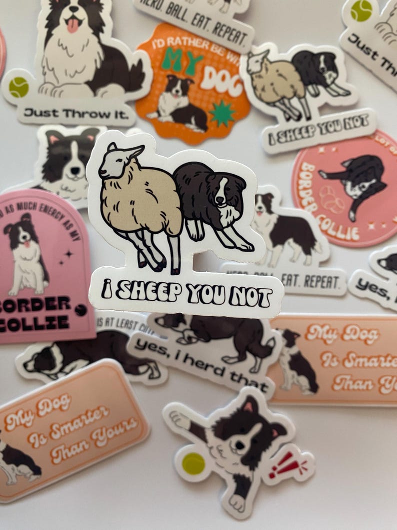 May include: A set of colorful stickers featuring border collies and sheep. The stickers have various phrases, including "I sheep you not", "My dog is smarter than yours", and "Just throw it".