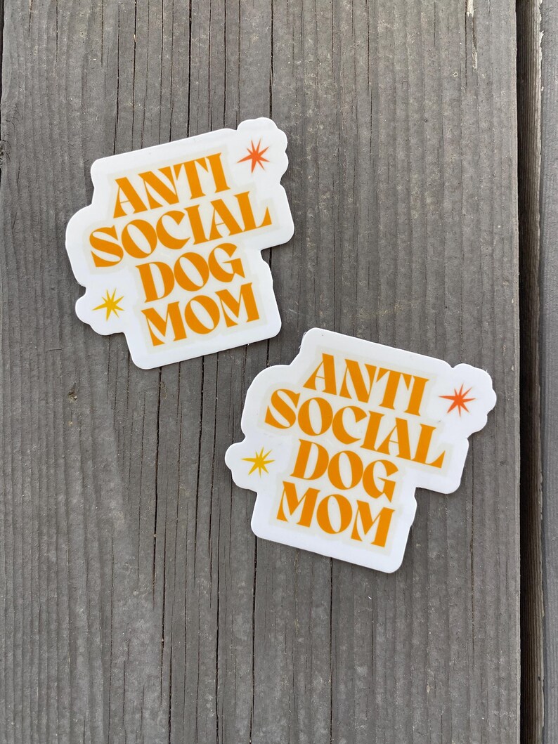 May include: Two white stickers with the text "Anti Social Dog Mom" in orange letters and a small yellow star on each sticker.