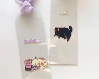 Cat Themed Acrylic Bookmark Set, Loafed Black Cat in Bread & Shhhh Sleeping Orange Cat, Book Lover Gift, Bookish Merch, Gift for Cat Lover