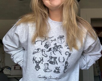Cowboy Christmas Collage Sweatshirt, Sweater for Western Holiday, Cowgirl Holiday Crewneck