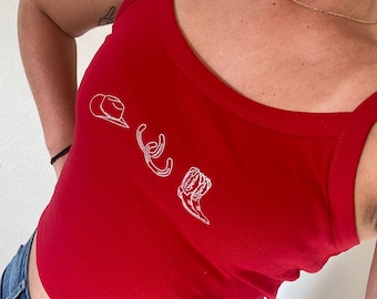 Cowgirl Collage Tank Top, Cowgirl Rodeo Cropped Ribbed Tank, Micro Tank for Western Girl, Cowboy Shirt, Cowboy Hat, Cowboy Boots, Horseshoe