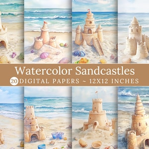 20 Sandcastles Digital Paper | Akwarela Seascape | Natychmiastowe pobranie | Tło lata | Nad morzem | Album | Cyfrowa akwarela plaża