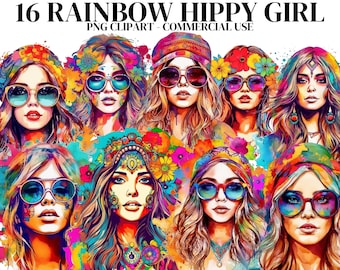 Rainbow Hippy Girl PNG Clipart 1970's Style Hippie Clip art PNG Psychedelic Art Card Making Scrapbook Planner Sticker Junk Journal Elements