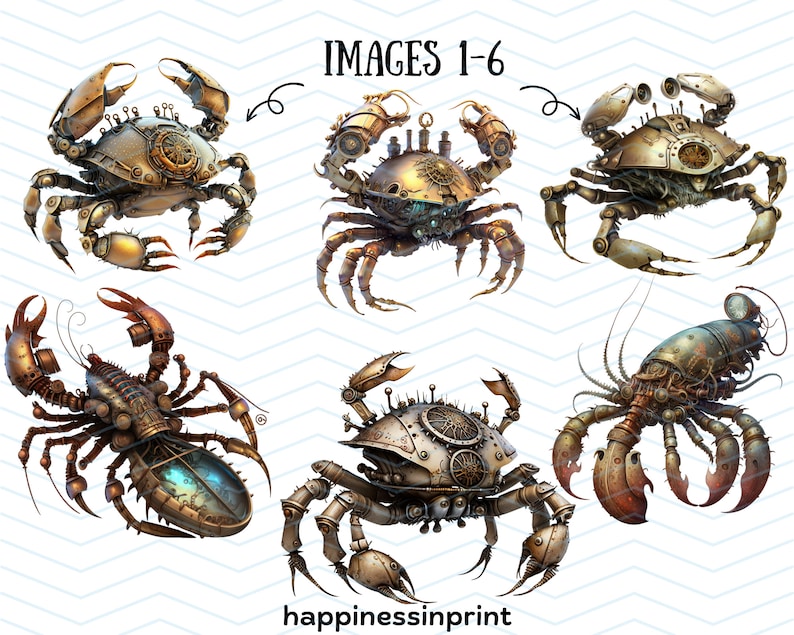 30 Steampunk Sea Creatures Clipart Bundle Steampunk Shark Whale Crab PNG Pack Digital Download Free Commercial Use Print On Demand Steampunk image 5