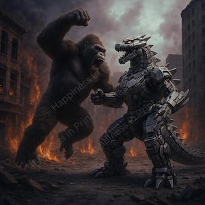 ゴジラ対キングコングのフォトリアリスティックな戦闘シーン | 都市火災跡デジタルアート | モンスターウォールアートプリント | 映画風インテリア