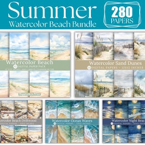 Beach Digital Paper | Watercolor Seascapes | Instant Download | Summer Background | Seaside | Scrapbooking | Commercial Use Watercolor Beach