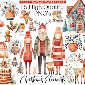 Watercolor Christmas Clipart Bundle Scandinavian Christmas PNG Folk Art Traditional Christmas Vintage Christmas Snowman Nordic Christmas Art