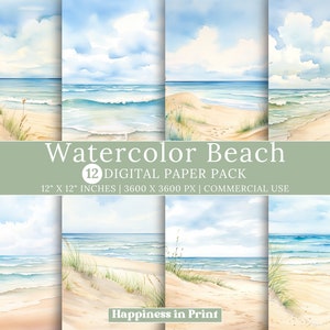 Digitaal strandpapier | Aquarel zeegezichten | Direct downloaden | Zomerse achtergrond | Aan zee | Plakboeken | Aquarelstrand voor commercieel gebruik