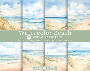 Digitaal strandpapier | Aquarel zeegezichten | Direct downloaden | Zomerse achtergrond | Aan zee | Plakboeken | Aquarelstrand voor commercieel gebruik