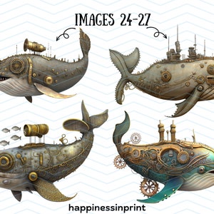 30 Steampunk Sea Creatures Clipart Bundle Steampunk Shark Whale Crab PNG Pack Digital Download Free Commercial Use Print On Demand Steampunk image 9