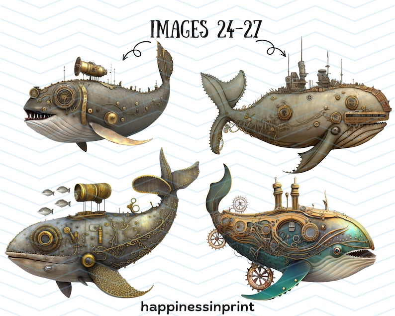 30 Steampunk Sea Creatures Clipart Bundle Steampunk Shark Whale Crab PNG Pack Digital Download Free Commercial Use Print On Demand Steampunk image 9