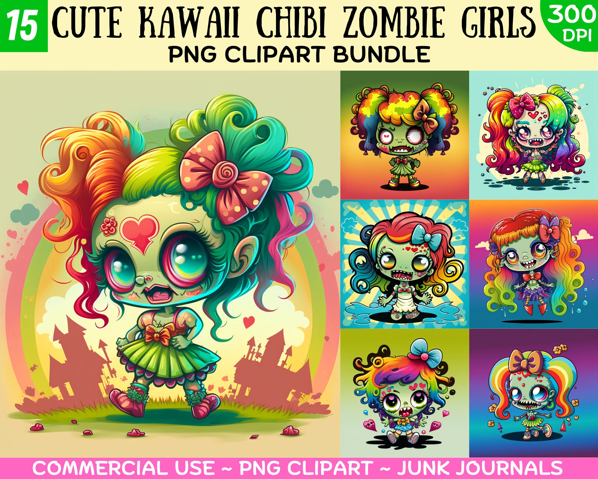 Zombie Girl Clipart PNG Kawaii Zombie Sticker Rainbow Girl Etsy Australia