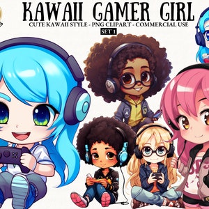 Süße Kawaii Gamer Girl Videospiel Spieler Clipart Chibi Bundle Kostenlose Kommerzielle Nutzung Print On Demand Computer Gamer Mädchen NPC Png Bundle Digital