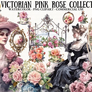 Victorian Vintage Rose Pink Clip Art PNG Victorian Boudoir Pink Collection Scrapbook Vintage Style Teacup  Rose Digital Download Clipart