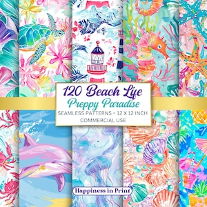May include: A collection of colorful beach-themed seamless patterns. The patterns feature marine life, including turtles, seahorses, and starfish, along with beach elements like a lighthouse and seashells. The text reads "120 Beach Life Preppy Paradise".