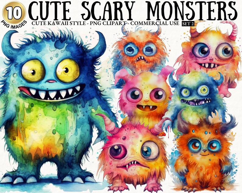 Cute Scary Monster Clipart PNG Monster Watercolor PNG Scary Clipart Commercial Use Scrapbook ...