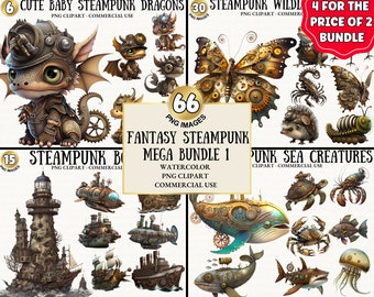 Steampunk Gift Bundle Watercolor Baby Dragon Clipart Butterfly Clip Art Lighthouse PNG Fantasy Design Turtle Clipart Junk Journal