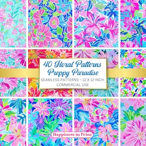 May include: A collection of 12 x 12 inch seamless floral patterns in vibrant pink, blue, and green hues. The patterns feature various flower designs with the text "40 Floral Patterns Preppy Paradise" and "Commercial Use".