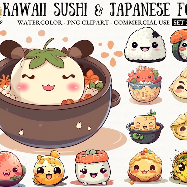 30 Kawaii Sushi and Japanese Food Clipart PNG Bundle Chibi Sushi Kawaii Ramen Chibi Tempura Digital Sticker Japan PNG Clipart Commercial Use