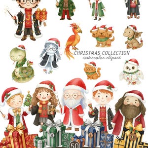 May include: A digital watercolour clipart collection featuring characters in Christmas attire, including wizards, a phoenix, a three-headed dog, a dragon, a snake, a cat, and an owl, with wrapped gifts and the text CHRISTMAS COLLECTION SCHOOL OF WIZARDS.