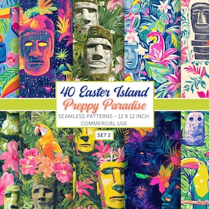 Preppy Paradise Easter Island Jungle Digital Paper – Seamless Moai Patterns with Tropical Birds, Florals & Preppy Vibes – PNG Download SET 2