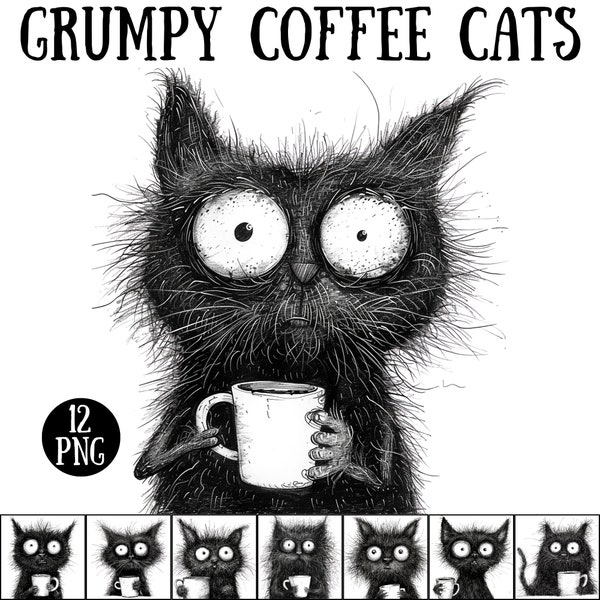 12 Whimsical Grumpy Coffee Cat Clipart Printable Commercial Use Whimsical Cat Lover Cat Gift Cat Tshirt Design POD Sublimation Cat PNG Cat